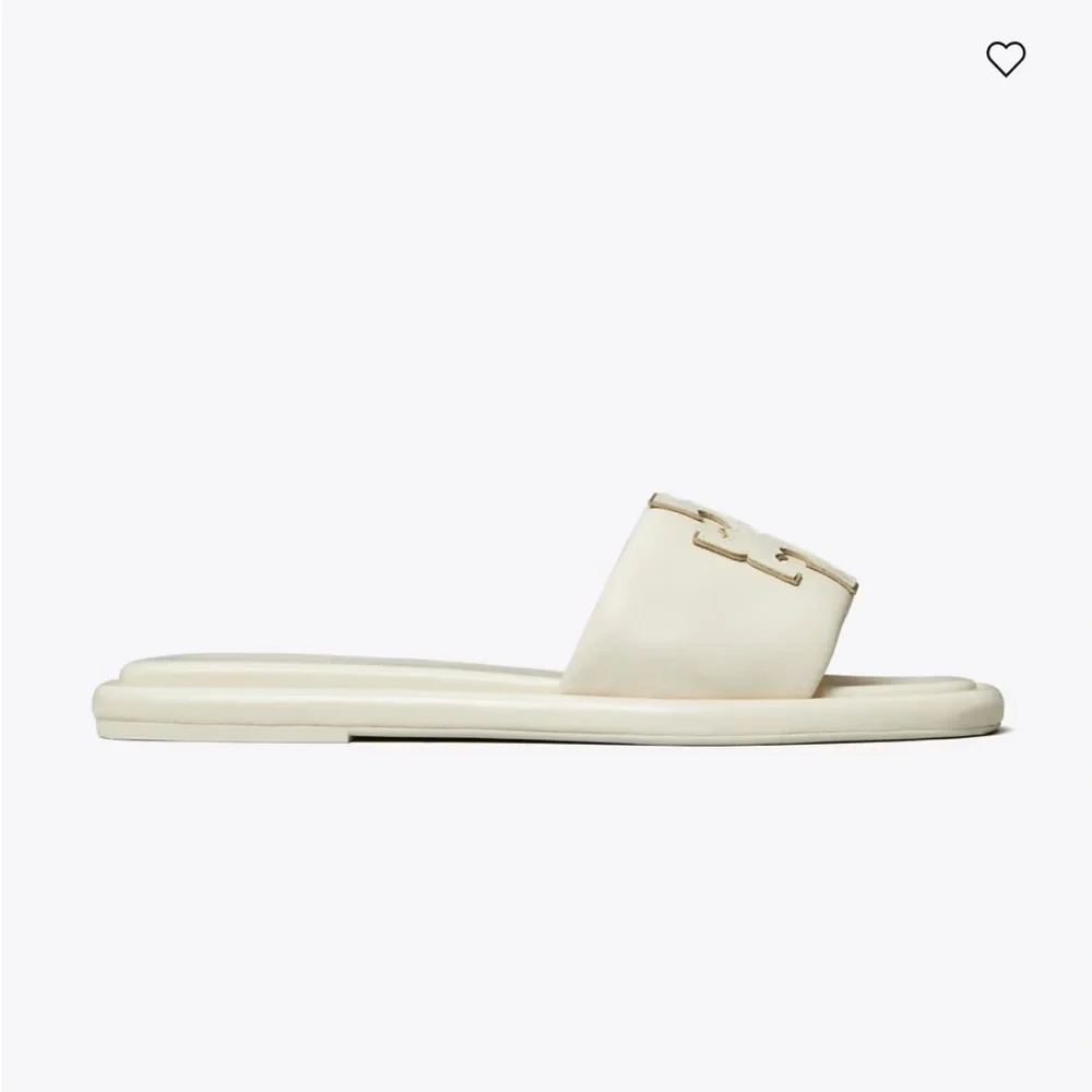 NIB TORY BURCH DOUBLE T SPORT LOGO SLIDE SHOE light cream gold 7.5